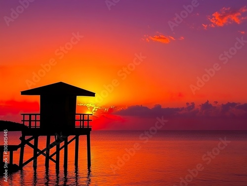A deserted lifeguard tower silhouetted against a breathtaking orange and purple sunset over the tranquil sea.