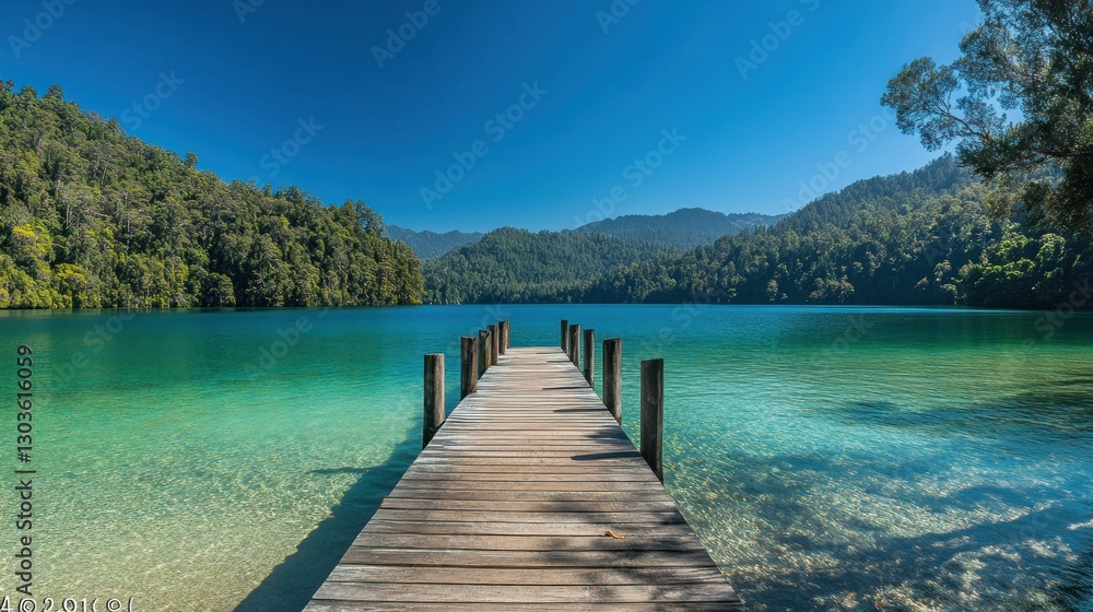Fototapeta premium Tranquil Lake Serenity: Wooden Dock Extending to Crystal Clear Waters