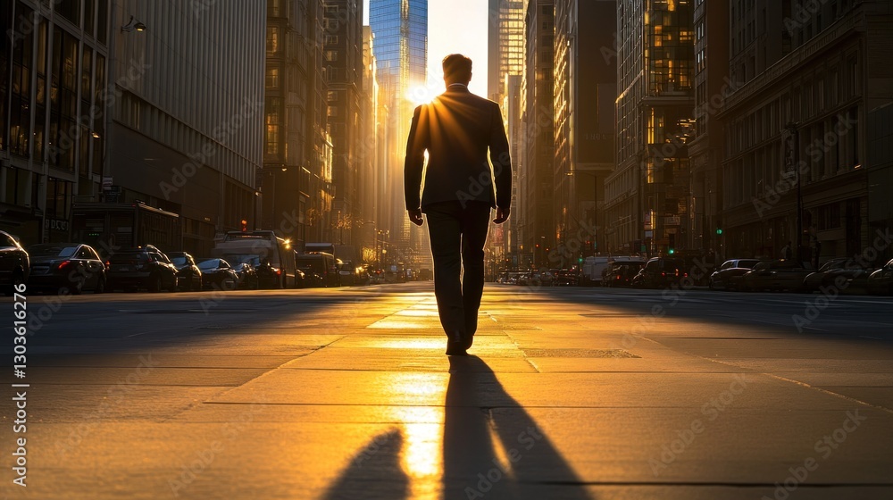 Silhouette of a businessman walking towards the sunrise in a city street. Silhouette of a businessman walking towards the sunrise in a city street.