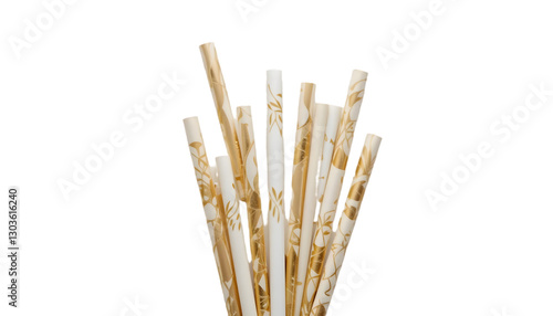 A golden and white drinking paper straw, elegantly designed and eco-friendly, isolated on a clean background with a precise clipping path, perfect for sustainable product branding and modern lifestyle
