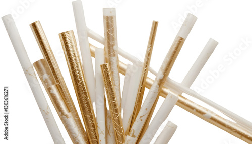 A golden and white drinking paper straw, elegantly designed and eco-friendly, isolated on a clean background with a precise clipping path, perfect for sustainable product branding and modern lifestyle
