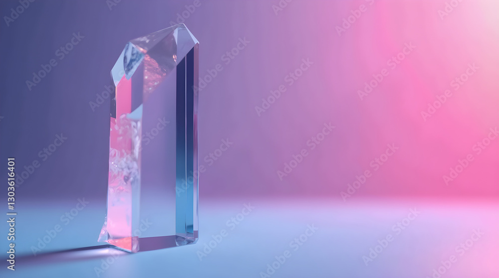 Modern Abstract Crystal Number One on Pink and Purple Gradient - Clear Glass Numeral One Studio Shot with Light and Shadows Modern Abstract Crystal Number One on Pink and Purple Gradient - Clear Glass Numeral One Studio Shot with Light and Shadows