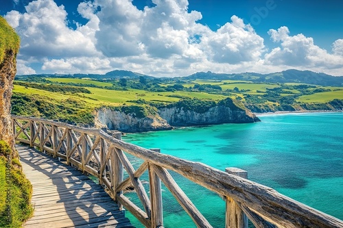 A cliffside boardwalk overlooking a turquoise bay, with rolling green hills in the distance under a bright, cloud-dappled sky.