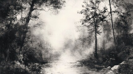 Leinwandbilder Schwarz Misty forest path, grayscale landscape painting, tranquil scene, artistic depiction  © Mundhut