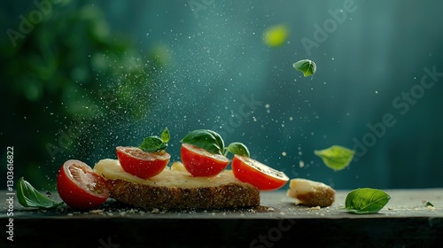   A slice of bread with diced tomatoes and fresh basil on top, lightly spritzed with water photo