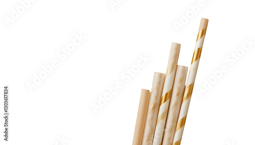 A stylish golden and white paper straw, symbolizing eco-conscious choices, isolated on a neutral background with a clean clipping path, ideal for eco-friendly campaigns, packaging, and beverage-relate