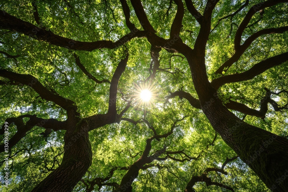 Naklejka premium Sunlight Filtering Through Lush Green Tree Canopy, Capturing Nature's Beauty in a Serene Forest Setting with Intricate Branch Patterns