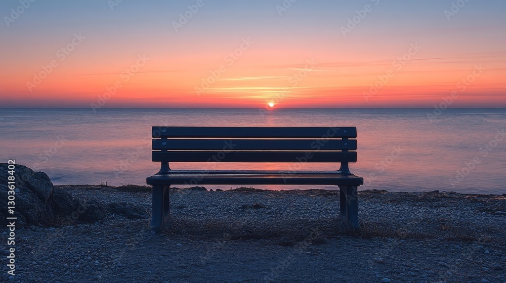 Sunrise over the ocean with a bench in peaceful solitude by the beach. Generative AI Sunrise over the ocean with a bench in peaceful solitude by the beach. Generative AI