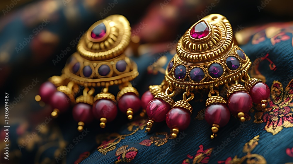 Gold earrings, ruby, purple gems, silk, close-up, jewelry, India, ornate, fashion, advertising Gold earrings, ruby, purple gems, silk, close-up, jewelry, India, ornate, fashion, advertising