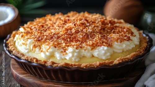Close-up of a tropical coconut cream pie with whipped cream topping. Generative AI