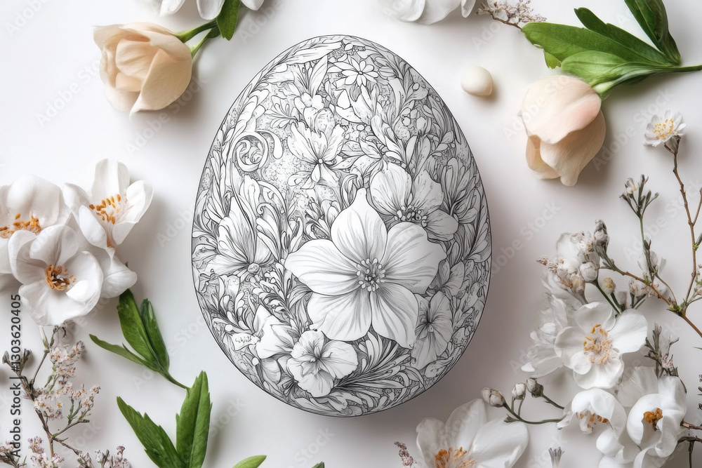 Fototapeta premium Floral easter egg drawing surrounded by white and peach flowers