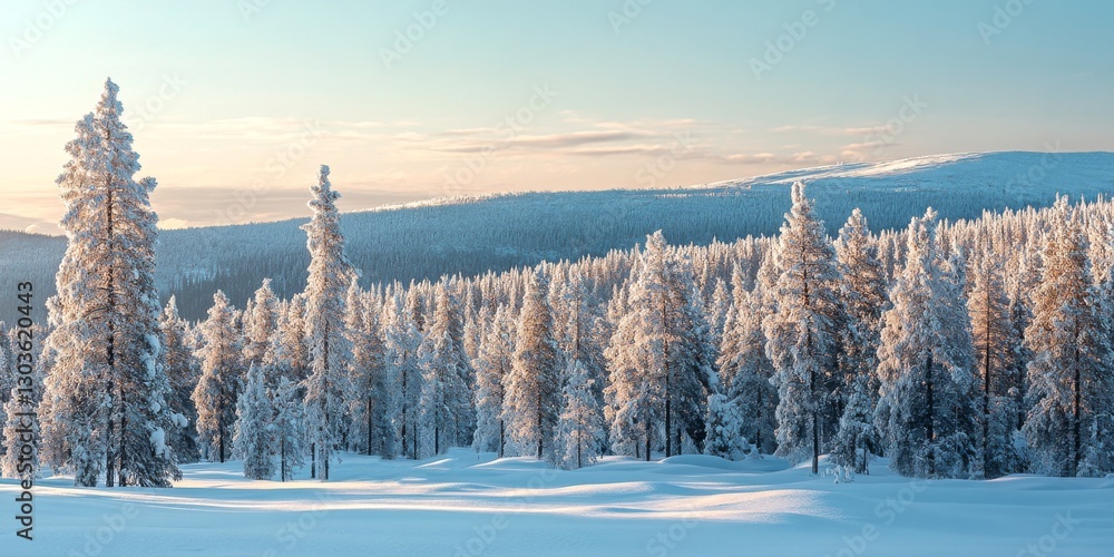 Fototapeta premium A serene winter landscape features tall snow-covered trees standing in a tranquil setting. The soft light enhances the beauty of this peaceful scene. Perfect for nature lovers. AI