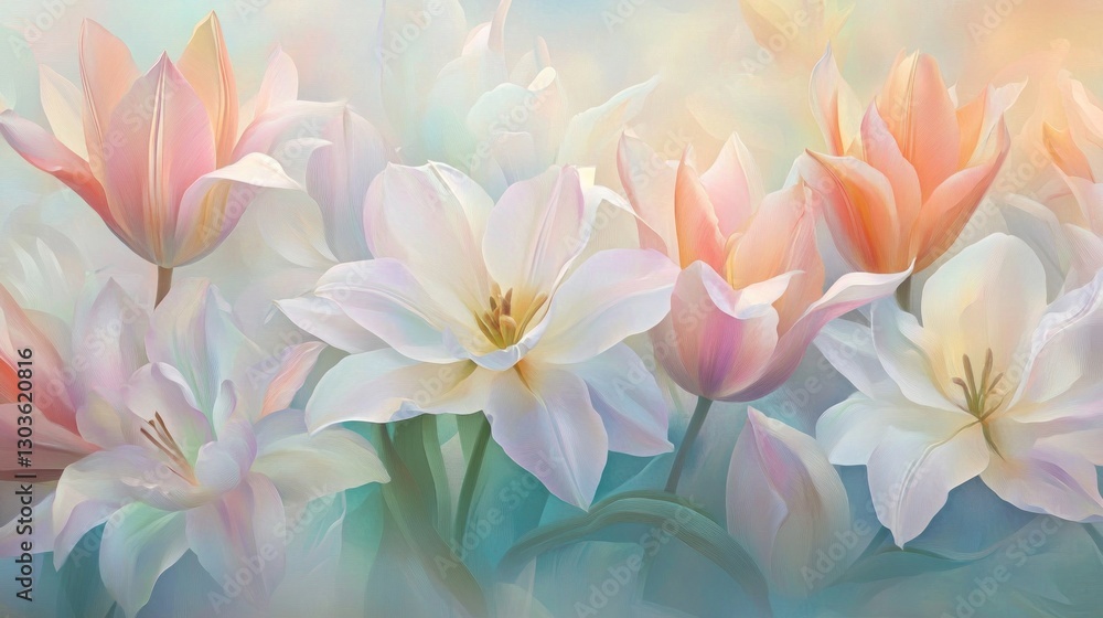 Lilies & tulips blooming softly in a garden on a warm day with gentle light & dreamy bokeh background Lilies & tulips blooming softly in a garden on a warm day with gentle light & dreamy bokeh background
