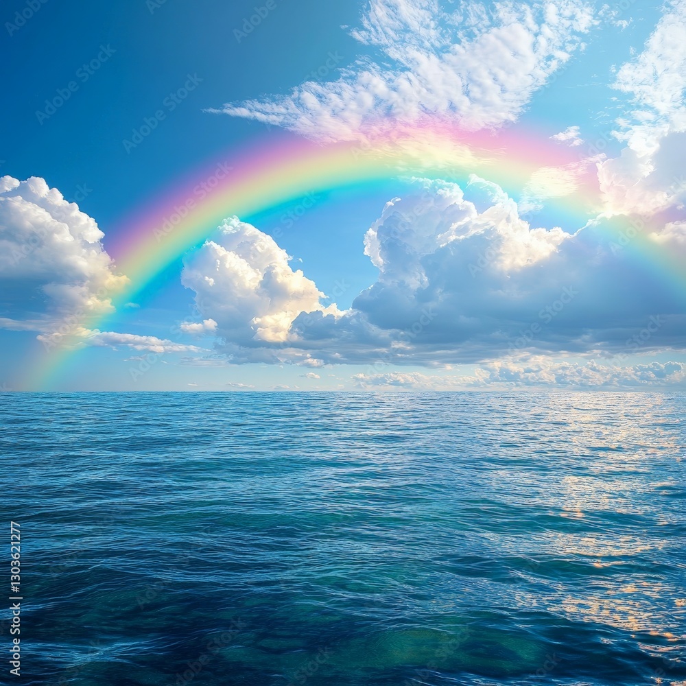 Vast ocean under a vibrant rainbow arching across a clear blue sky with fluffy clouds Vast ocean under a vibrant rainbow arching across a clear blue sky with fluffy clouds