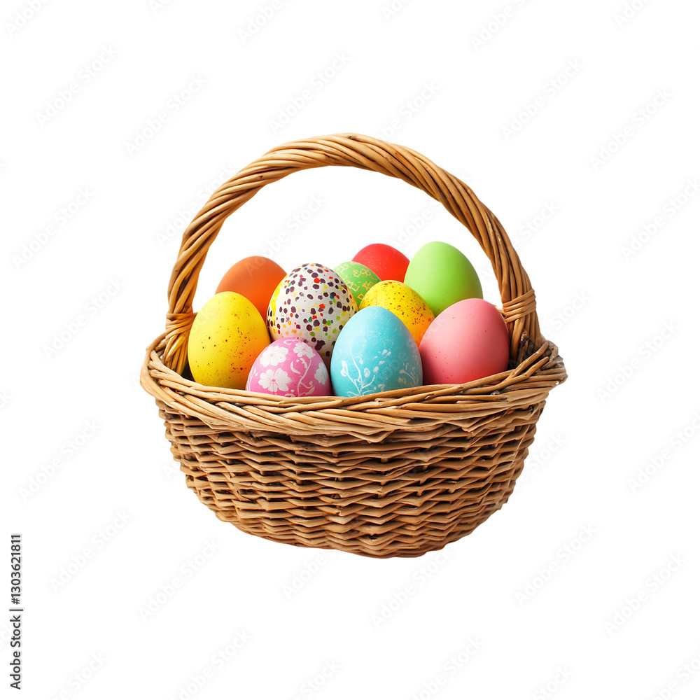 a basket of colorful easter eggs isolated on a transparent background, in a PNG format a basket of colorful easter eggs isolated on a transparent background, in a PNG format