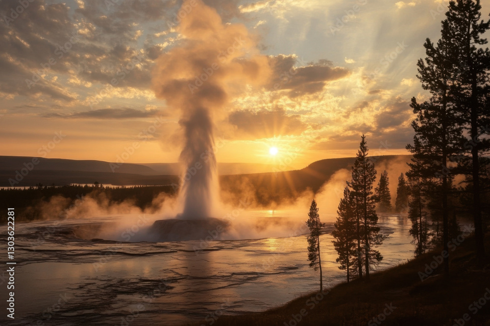 Fototapeta premium Old faithful geyser erupting at sunset in yellowstone national park