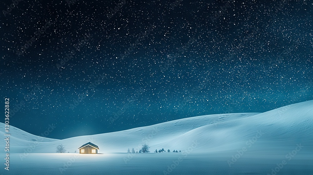 A house stands alone in a snow-covered field at night, surrounded by stars and the moon A house stands alone in a snow-covered field at night, surrounded by stars and the moon