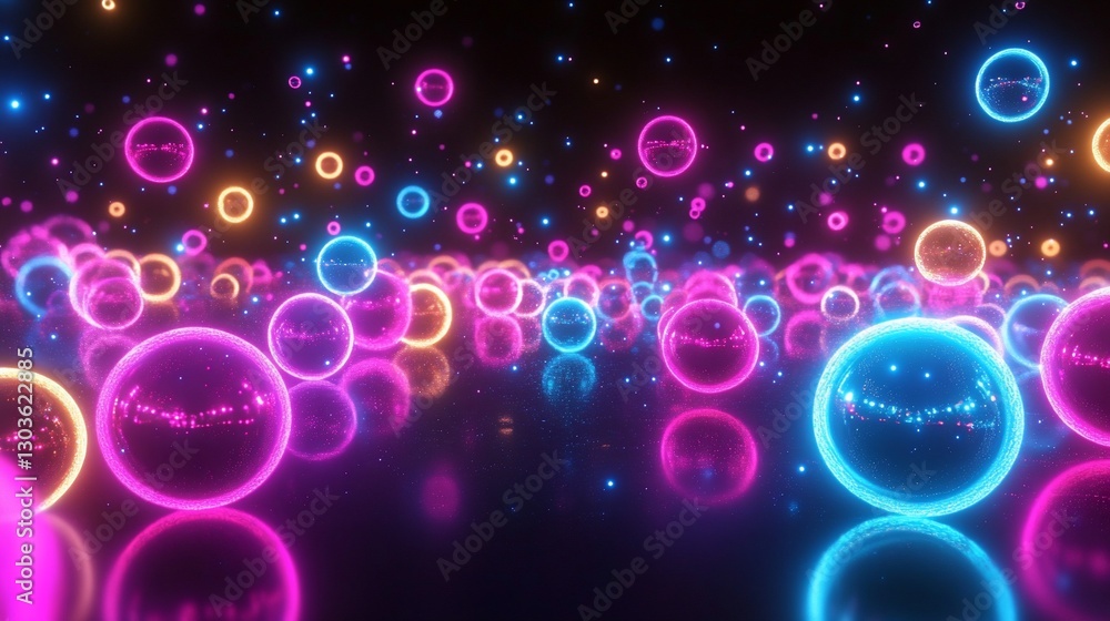 Glowing spheres in neon colors floating in a dark space with a reflective surface Glowing spheres in neon colors floating in a dark space with a reflective surface