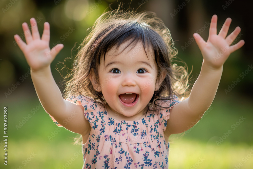 Happy toddler girl raising hands and smiling outdoors Happy toddler girl raising hands and smiling outdoors