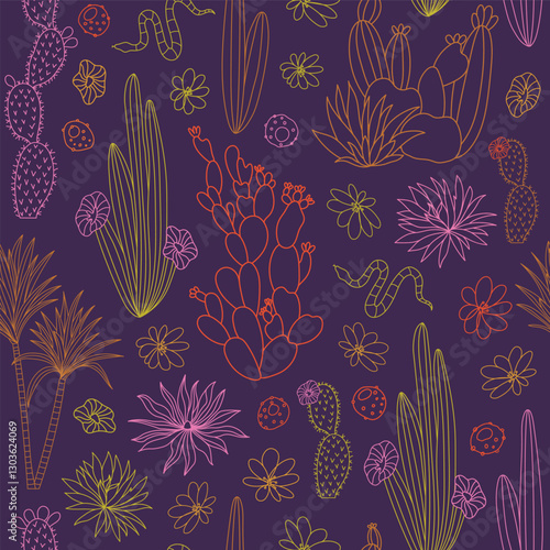 Botanical dark summer night seamless pattern with exotic florals, palm trees, a snake and cacti. Perfect for fabric, wallpapers or home decor. 