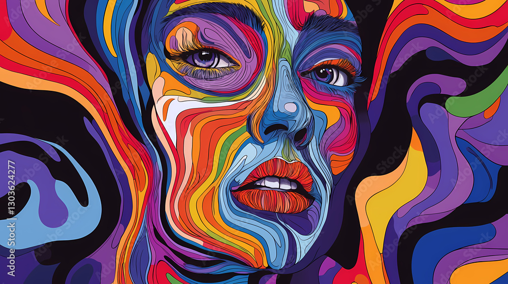 Face with psychedelic colors and lines retro fashion. Illusion - Waterfall. Illustration Face with psychedelic colors and lines retro fashion. Illusion - Waterfall. Illustration