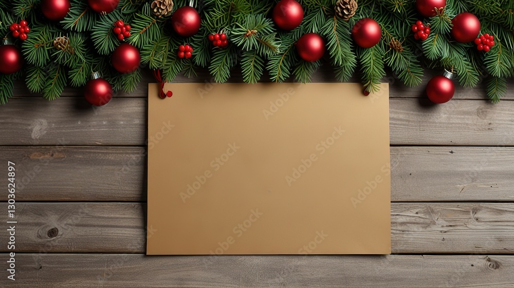 Fototapeta premium Greeting card christmas mockup with fir tree branches on dark wooden background