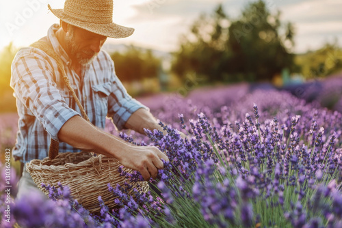 Farmer harvesting lavender flowers in beautiful blooming field at sunset