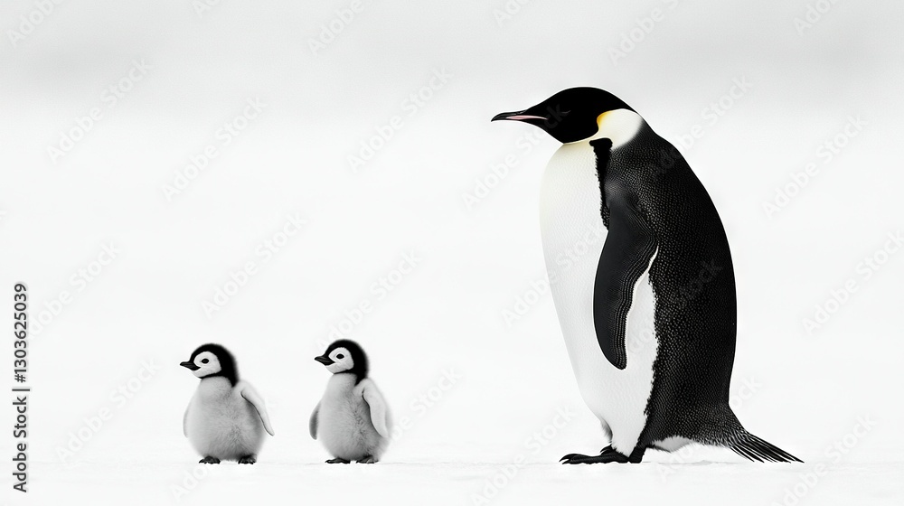 Obraz premium A flock of penguins huddled together on a snowy terrain, gazing at one another