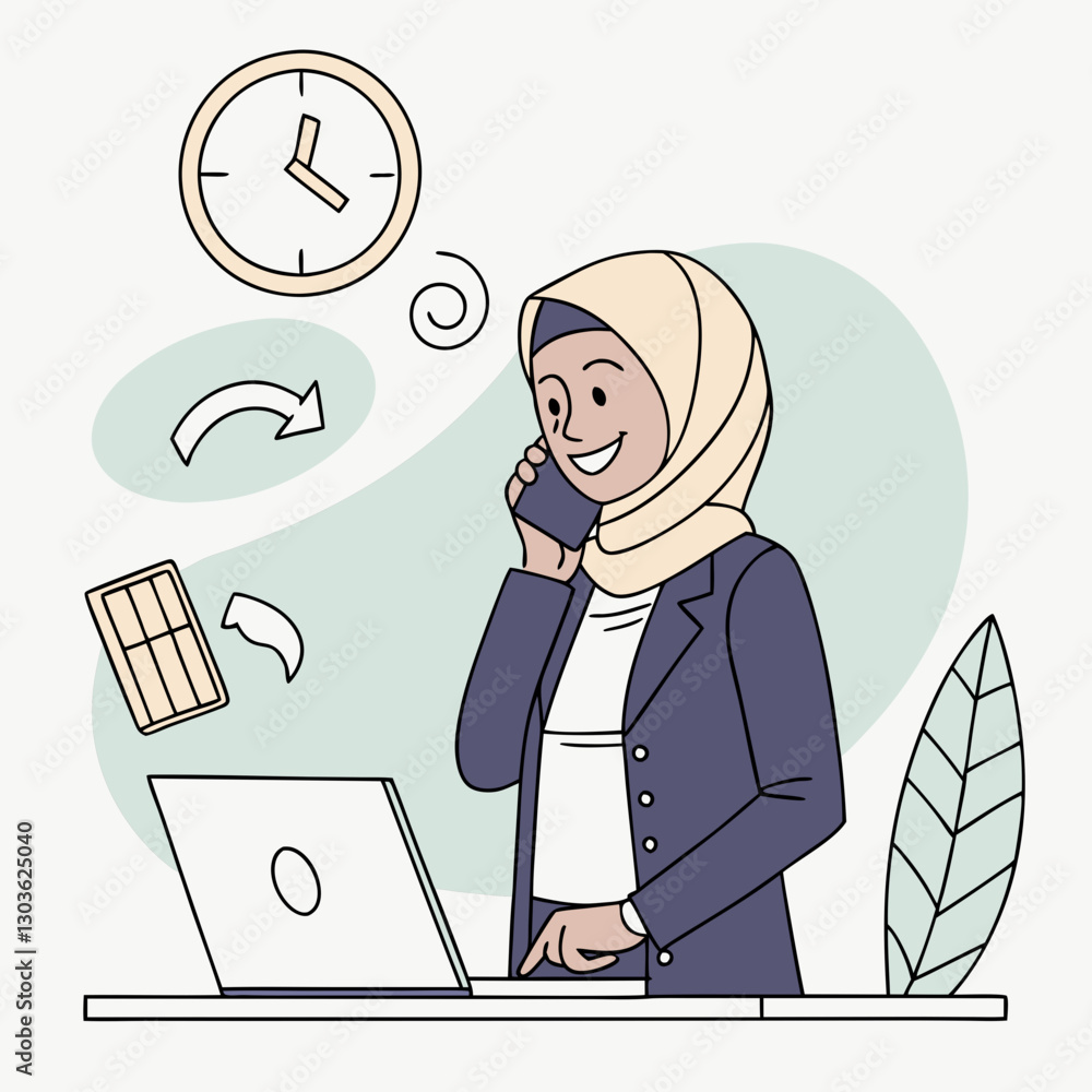 Vector Successful woman in hijab Muslim woman uses app on phone, businesswoman inside office at workplace works with laptop. Businesswoman joyful financier accountant Vector Successful woman in hijab Muslim woman uses app on phone, businesswoman inside office at workplace works with laptop. Businesswoman joyful financier accountant
