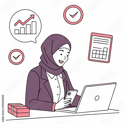 Vector Successful woman in hijab Muslim woman uses app on phone, businesswoman inside office at workplace works with laptop. Businesswoman joyful financier accountant