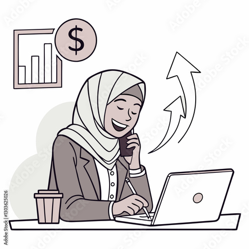 Vector Successful woman in hijab Muslim woman uses app on phone, businesswoman inside office at workplace works with laptop. Businesswoman joyful financier accountant
