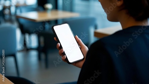 closeup of woman's hand holding smartphone with blank white screen,blurry restaurant background