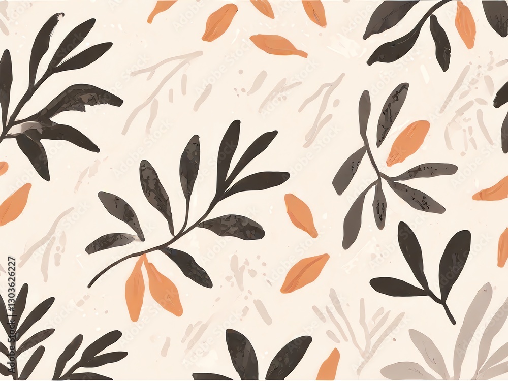 Abstract Botanical Print: Elegant Beige and Dark Leaves Pattern Abstract Botanical Print: Elegant Beige and Dark Leaves Pattern