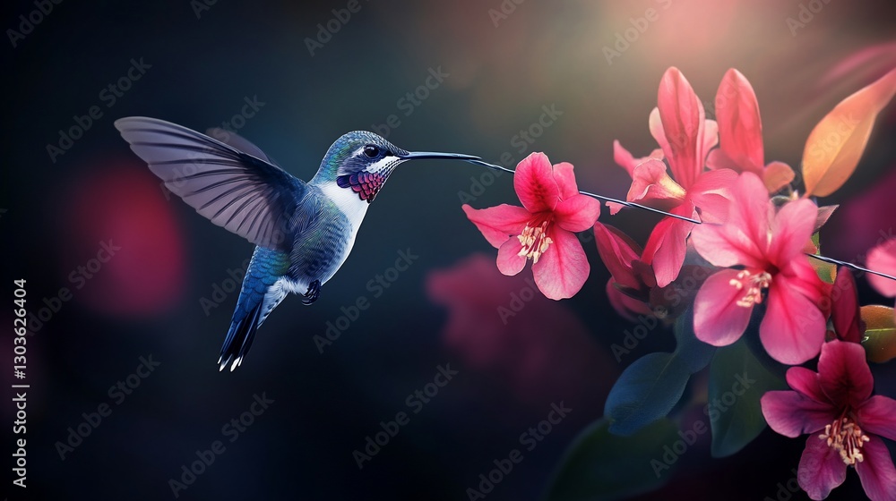 Fototapeta premium A hummingbird hovering near vibrant pink flowers.