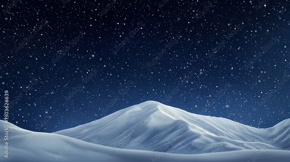 A snow-covered mountaintop glimmers beneath a starry sky, surrounded by falling snowflakes A snow-covered mountaintop glimmers beneath a starry sky, surrounded by falling snowflakes