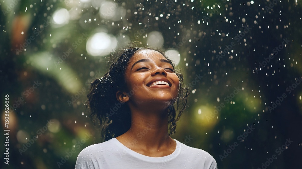 Fototapeta premium A joyful woman enjoying rain in a lush, green environment.