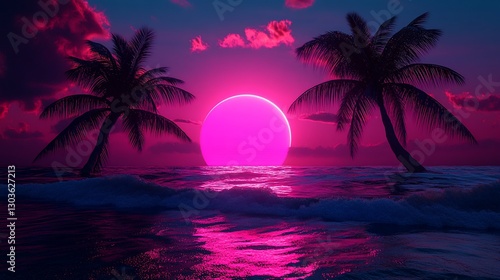 Synthwave Sunset Palm Trees and Ocean Waves Retro Style Vivid Pink and Blue Colors