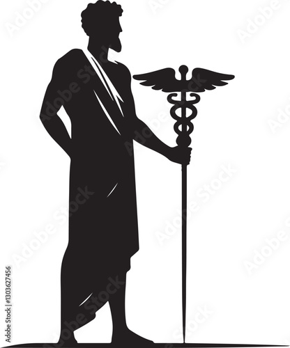 asclepius with his medical staff, silhouette isolated on white background