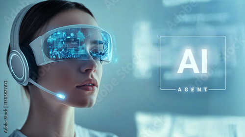 a robot call center agent wearing a headset with microphone