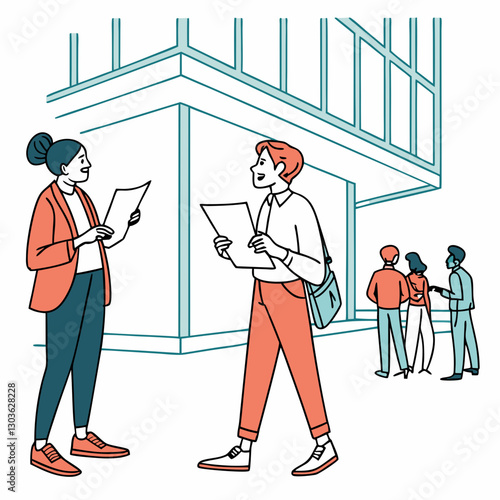 Vector Two colleagues of office company employees discussing financial reports, contracts and documents, group of business people outside office building with papers in hands discussing