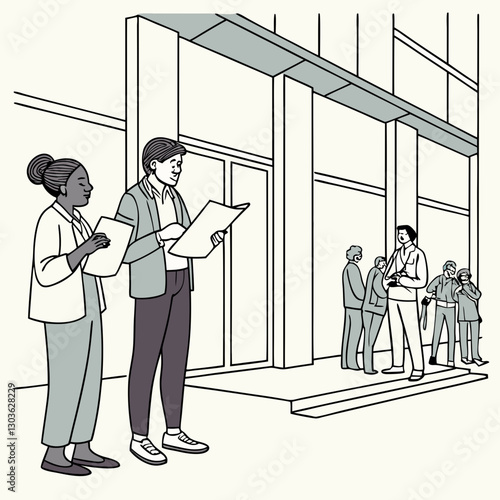 Vector Two colleagues of office company employees discussing financial reports, contracts and documents, group of business people outside office building with papers in hands discussing