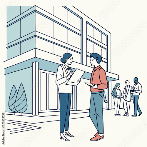 Vector Two colleagues of office company employees discussing financial reports, contracts and documents, group of business people outside office building with papers in hands discussing