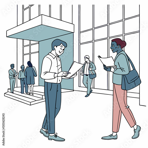 Vector Two colleagues of office company employees discussing financial reports, contracts and documents, group of business people outside office building with papers in hands discussing