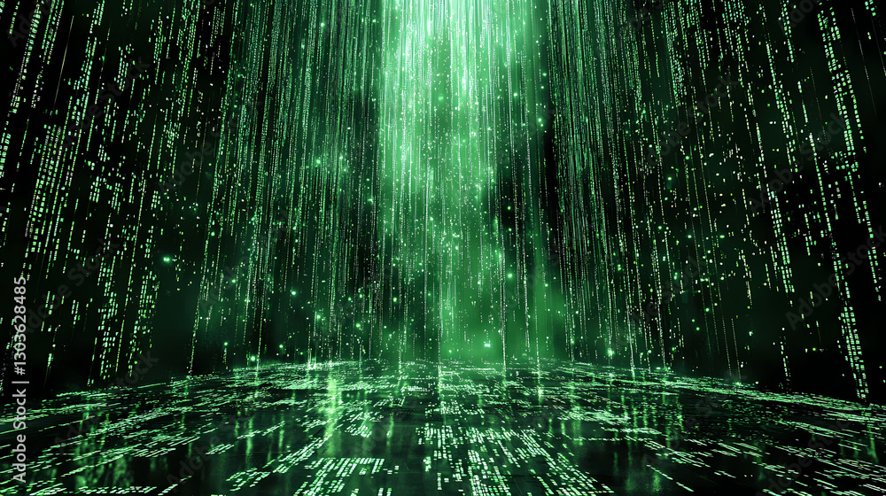 A digital representation of vibrant green rain-like patterns, evoking a matrix or code aesthetic in a visually striking backdrop. Illusion - Waterfall. Illustration A digital representation of vibrant green rain-like patterns, evoking a matrix or code aesthetic in a visually striking backdrop. Illusion - Waterfall. Illustration