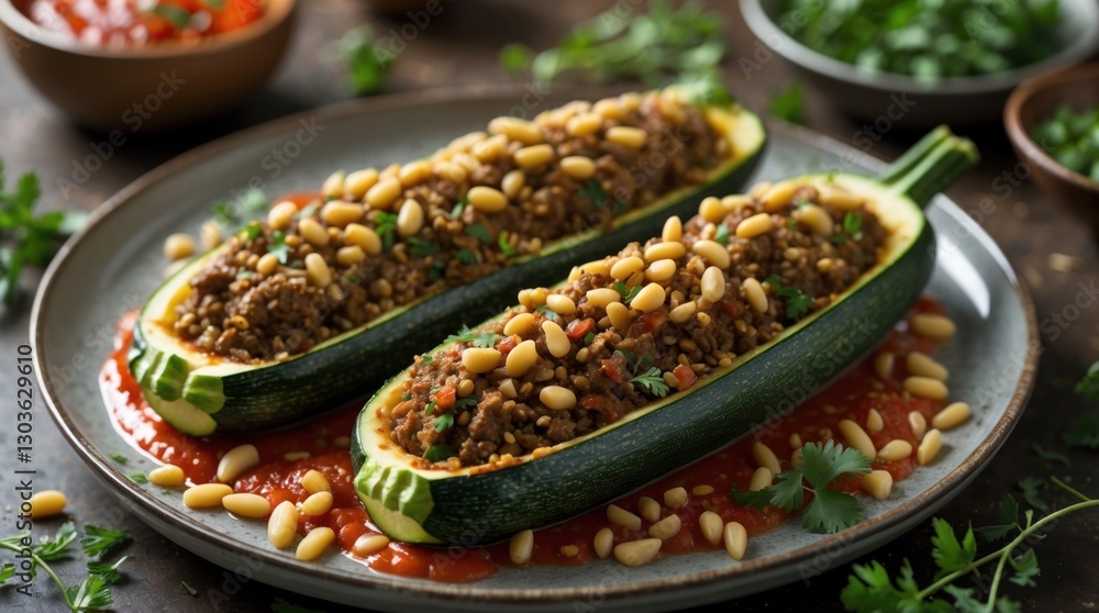 Obraz premium Stuffed Zucchini with Pine Nuts and Herbs on a Ceramic Plate, Ideal for Culinary Photography an
