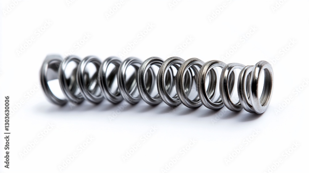 A metallic coil spring arranged in a line, showcasing its helical structure and smooth finish. A metallic coil spring arranged in a line, showcasing its helical structure and smooth finish.