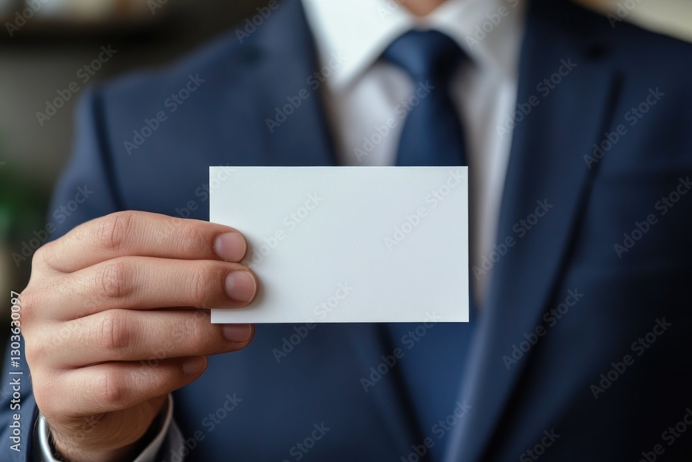 Businessman in a navy suit holding a blank white business card, ideal for branding, corporate identity, networking, and marketing visuals Businessman in a navy suit holding a blank white business card, ideal for branding, corporate identity, networking, and marketing visuals