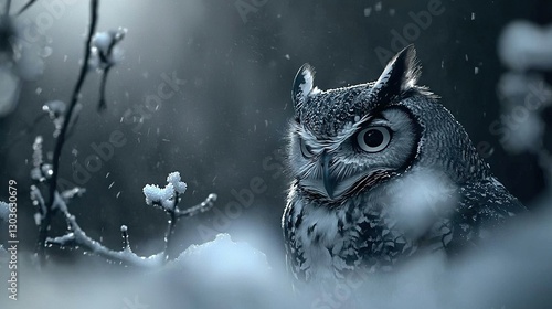  A zoomed-in photo of a snow-covered owl perched on a tree branch, with a full moon visible in the white sky behind it