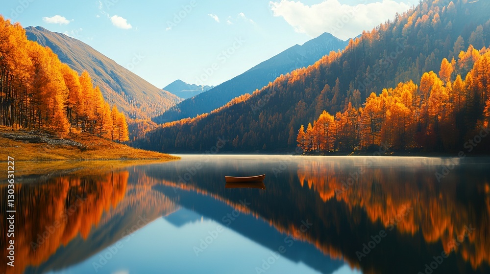 Obraz premium A boat glides atop a lake, surrounded by an orange-yellow forest on a sunny day