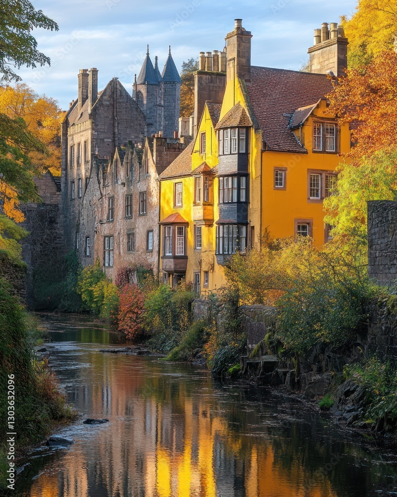 Obraz premium Autumnal Scottish townhouses reflecting in a river